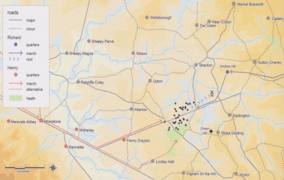 Figure 4: Alternative perspective on the action of the Battle of Bosworth, showing the approach routes of both armies and the distribution of round shot, approximately 3 kilometres south-west of Ambion Hill (after Foard and Curry 2013, 180).